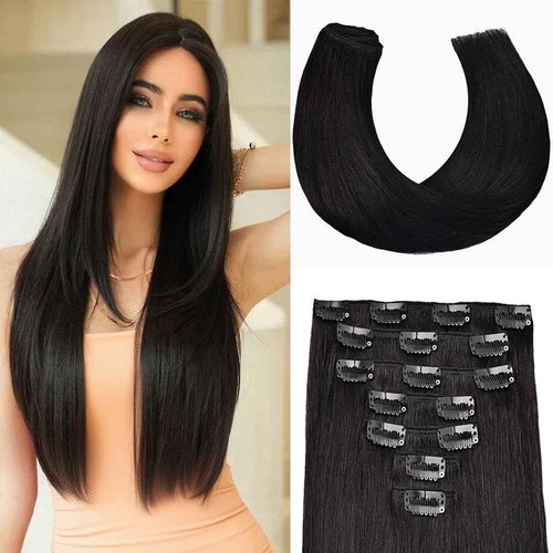 Clip in Hair Extensions Real Human Hair 16 Inch 95g Invisible Seamless Human Hair Clip in Extensions for Women 7pcs Per Set with Double Weft 1B Natural Color
