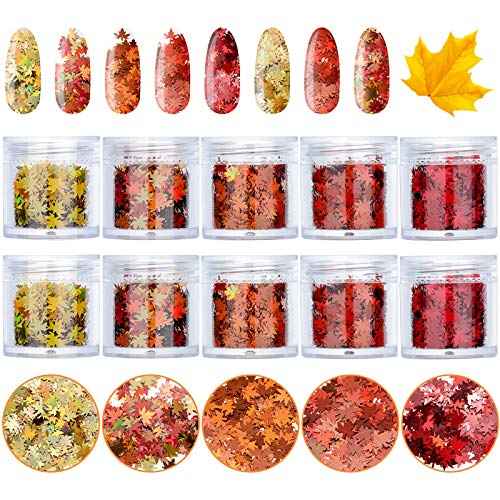 Maitys 10 Boxes Fall Nail Art Sequins Maple Leaves Nail Glitters 3D Autumn Glitter Flakes Thanksgiving Maple Leaf Sequins Decor Holographic Design Decals for Women DIY Decoration