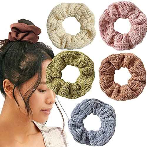 5 Pack Cotton Fluffy Knit Scrunchies for Women Girls, Faux Fur Pom Pom Rabbit Hair Scrunchies, 5B Color