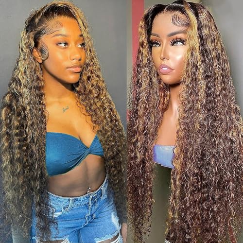 22 Inch Highlight Ombre Deep Wave Honey Blonde Lace Front Wigs Human Hair Pre Plucked 13X6 Transparent HD Lace Front Wigs Human Hair for Women 180% Density Curly Wig Blonde Wig