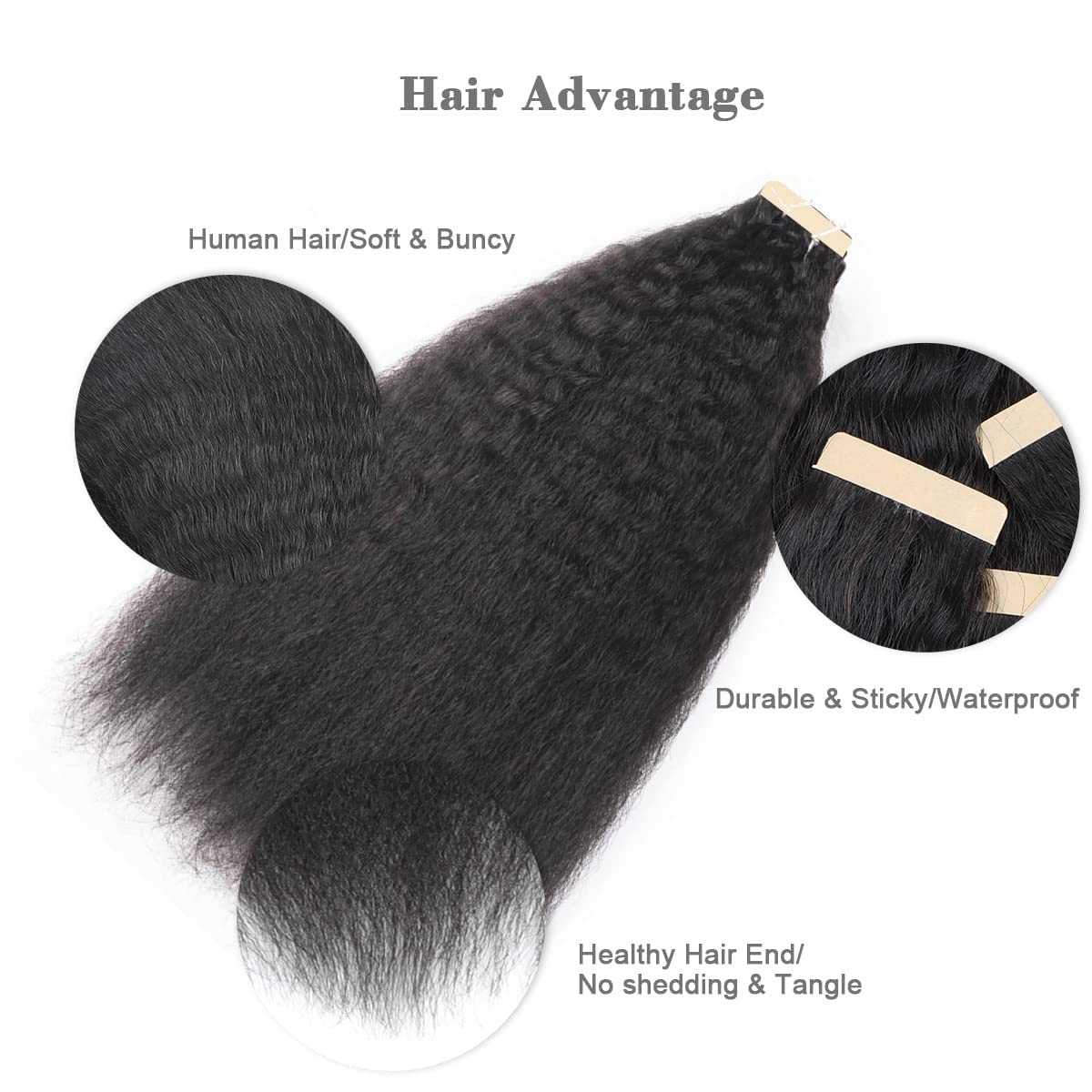 MY SHINY WIGS Kinky Straight Tape In Hair Extensions Human Hair Black Women Natural Black 40 Pcs 100g/Pack Seamless Skin Weft Real Human Hair Tape in Extensions 20 Inch