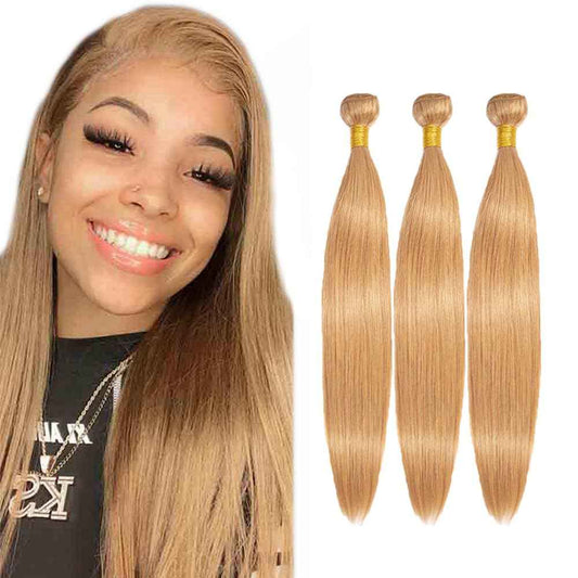 #27 Blonde Bundles Human Hair Straight Bundles 22 22 22 Inch Honey Blonde Straight Bundle Human Hair Extensions Double Weft Unprocessed Brazilian Virgin Hair 3 Bundle 50 Grams Per Bundle