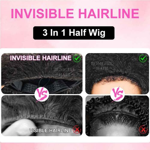 BGM GIRL Half Wig Human Hair Water Wave 3 in 1 Wigs Beginner Friendly Flip Over Drawstring Glueless Wig Ready to Go Seamless Clip in Wigs Natural Black Color 18 Inch