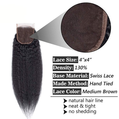 Datanala Kinky Straight Human Hair 3 Bundles with 4x4 Lace Closure Brazilian Virgin 100% Yaki Straight Human Hair Bundles With Closure Free Part(14 16 18+12NEW, 3 bundles+4x4)