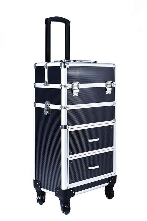 Train Case Rolling With Drawers, Cosmetic Organizer, Makeup Traveling Case, Trolley (Black)