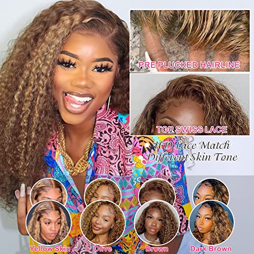 Juvid 200% Density 13x6 Highlight HD Lace Front Wig Human Hair Curly Human Hair Honey Blonde 4/27 Ombre Lace Frontal Pre Plucked Baby Hair 100% Virgin Hair Wigs for Black Women Deep Curl 18inch