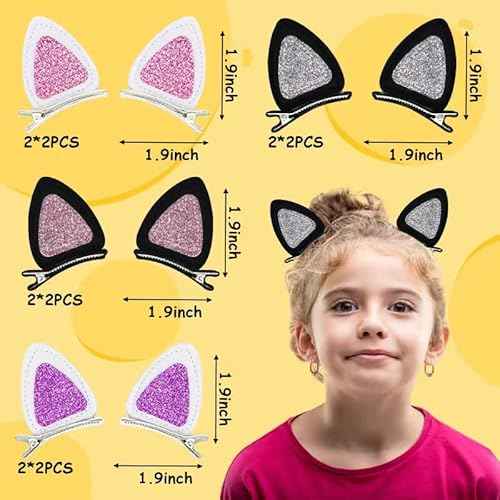 16 Pcs Cat Ears Hair Clips for Girls Cat Themed, Toddlers Animal Hair Pins Glitter Accessories for Girls Hair Clips Kids Easter Halloween Costume Party Supplies