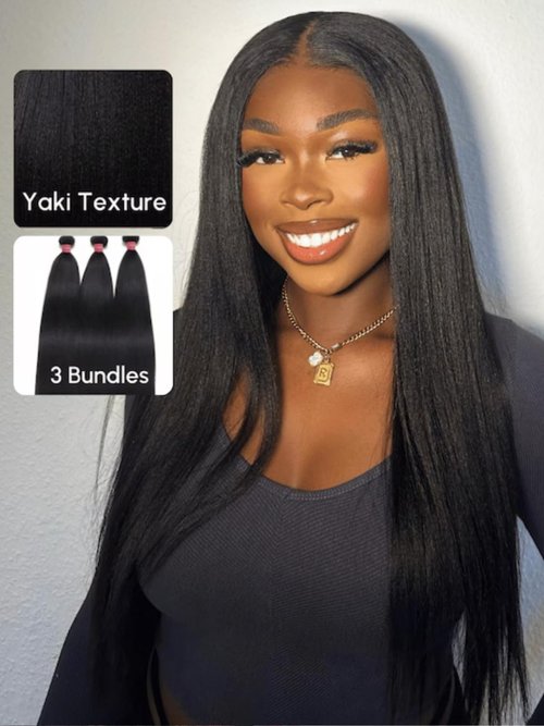 YIROO Yaki Straight Human Hair Weave 3 Bundles 12A Kinky Straight Double Wefts for Women Unprocessed Real Virgin Hair Sew In Human Hair Extensions Cllip In Light Yaki Natural Black Color 10 12 14Inch