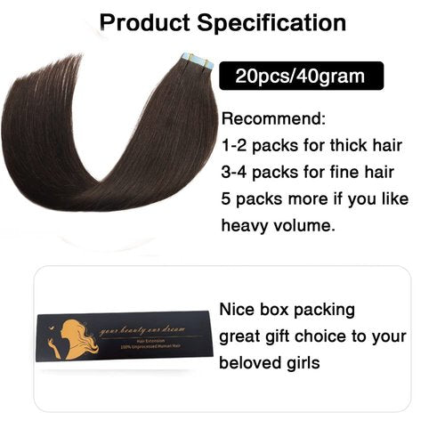 Amella Hair Tape in Hair Extensions Human Hair 100% Remy Human Hair Darkest Brown 40g/pack 20pcs Straight Seamless Skin Weft Tape in Human Hair Extensions (24 inches #2 Darkest Brown)