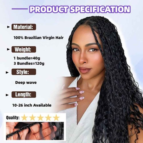 Deep Wave Human Braiding Hair for Boho Braids – 24 Inch 40g 1 Bundles/Pack Natural Black, 100% Unprocessed 12A Brazilian Virgin Hair Bulk, No Weft, Wet & Wavy Curly Knotless Extensions
