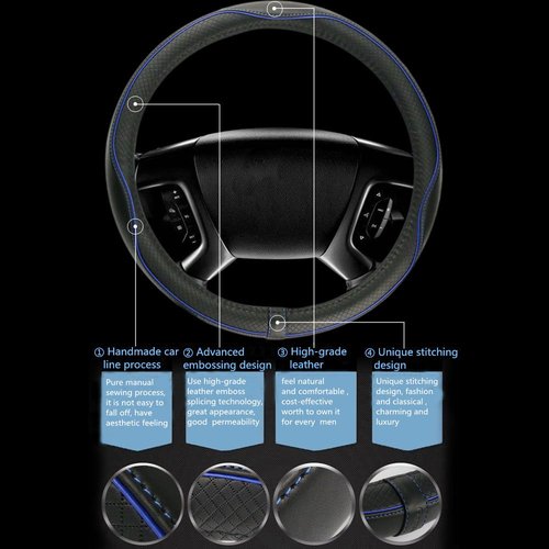 Car Steering Wheel Cover, Anti-Slip, Safety, Soft, Breathable, Heavy Duty, Thick, Full Surround, Sports Style (Black Blue)