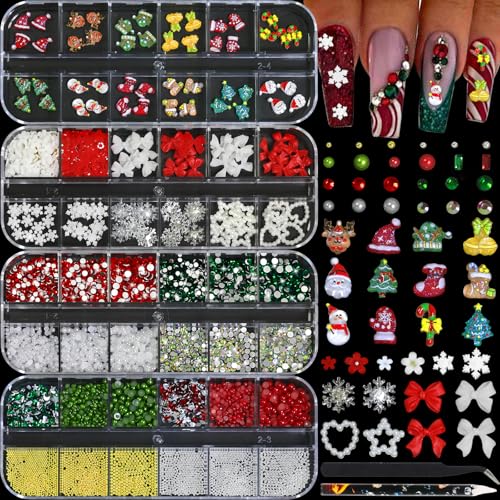 Christmas Nail Charms - 3D Bow Nail Charms, Pearls, Red & Green Nail Rhinestones, Santa, Snowman, White Snowflake, Metal Caviar Beads, with Kit, for Nail Art, Gift