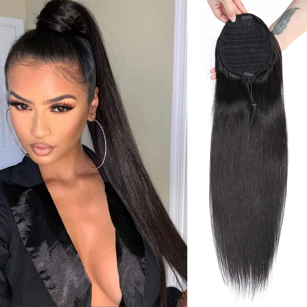 10A Grade Human Hair Ponytail Clip In Extensions 1 Piece, 100% Unprocessed Real Brazilian Hair Pony tail Hairpiece Braids Hair Extensions (28 Inch, Straight, Wrap Drawstring)
