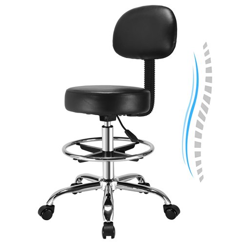 Rolling Stool with Back Adjustable- Ergonomic Back Support, Soft Leather Seat Cushion, Height Adjustability, Rolling Stools Chair with Wheels and Footrest Ring, Massage Office Tatto Salon (Black)