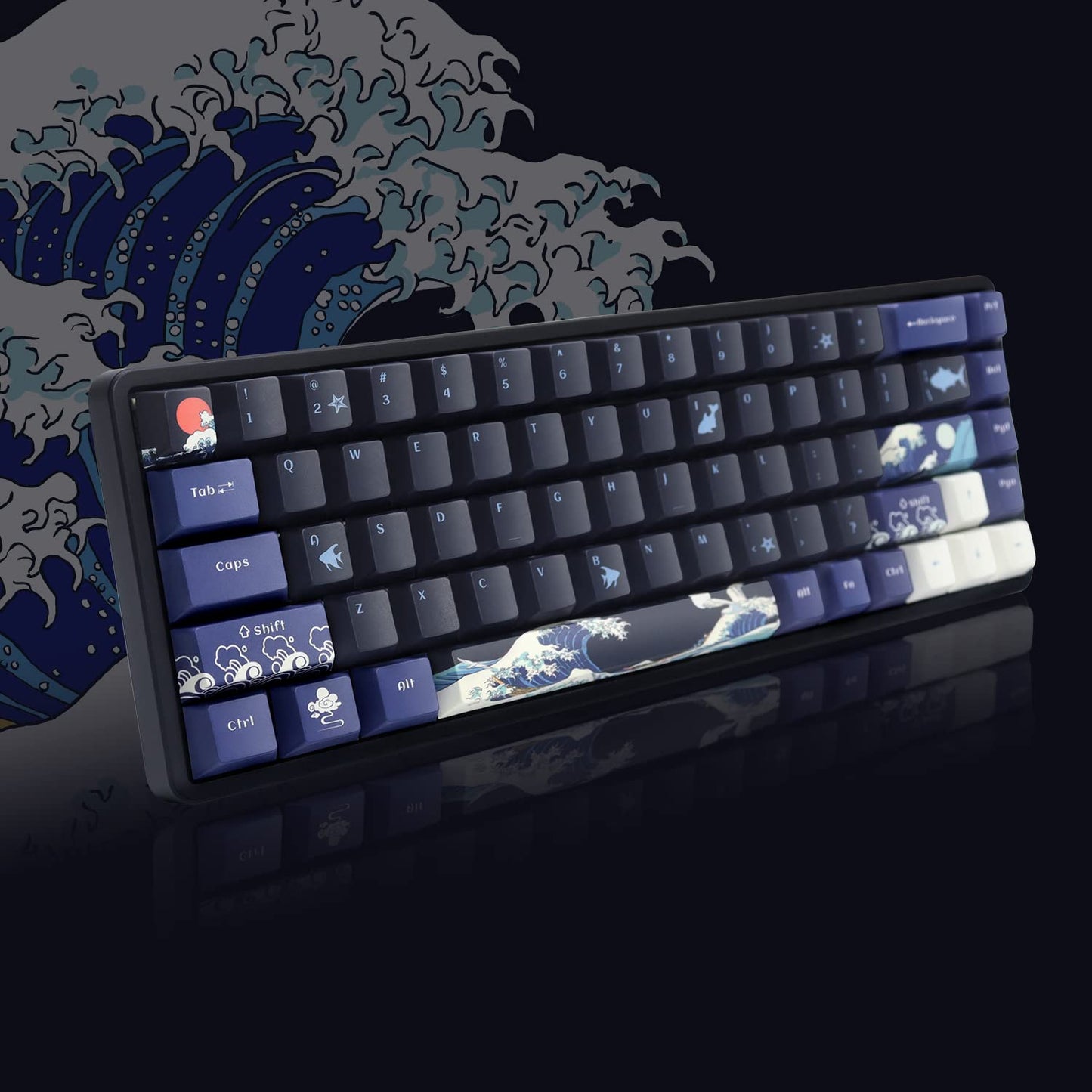 XVX PBT Keycaps - Great Wave of Kanagawa Japanese Design, Dye-Sub Custom Keycaps Set, Cherry Profile for 61/64/66/68 Cherry/Gateron MX Switches, 78 Key Set