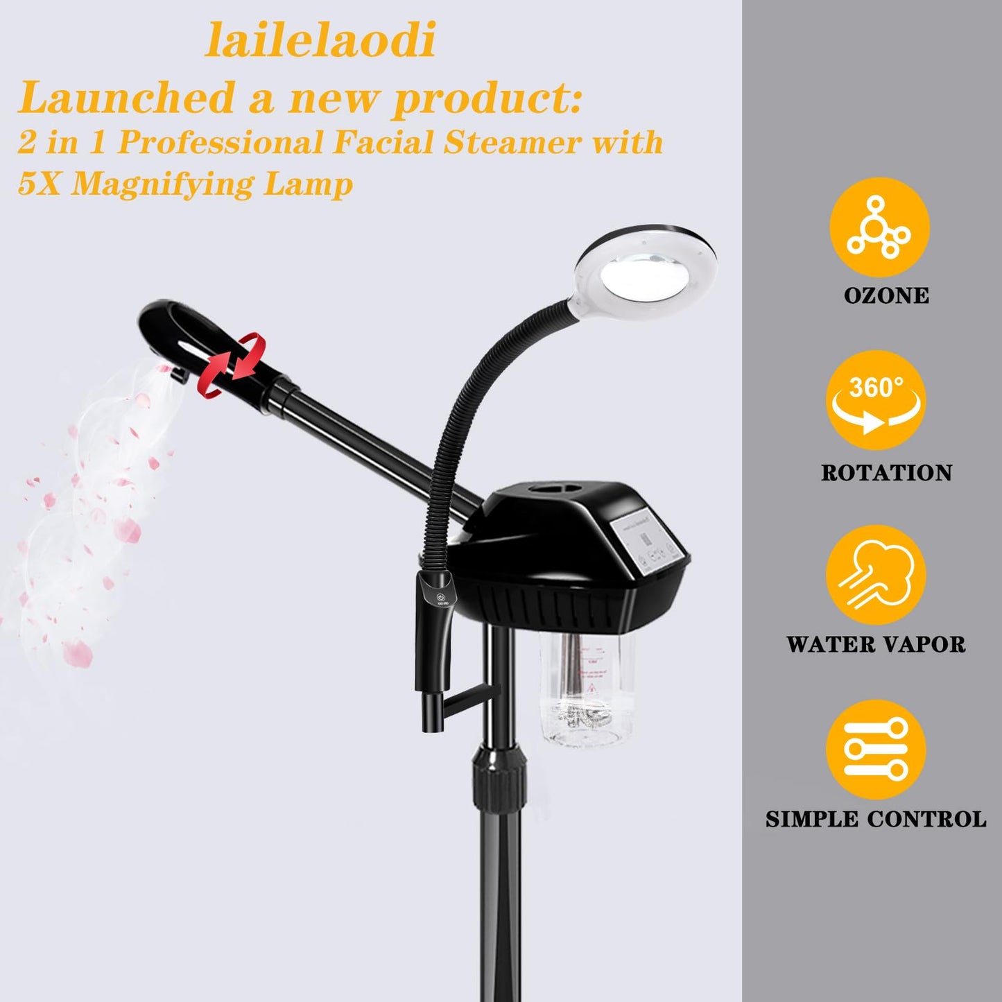 Professional Facial Steamer, 2 in 1 Facial Steamer with 5X Magnifying Lamp, Ozone Face Steamer, Suitable for Home or Beauty Spa Use