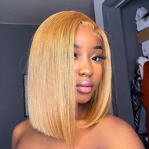 MUPRETTY 18A Raw Hair Blonde Bob Wigs Human Hair 4x4 Lace Closure Wig 27# Honey Blonde Wig Human Hair Keep Silky And Smooth After Multiple Washes(14Inch)