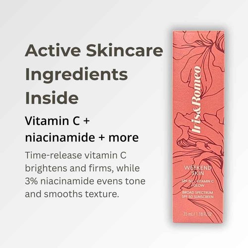 IRIS&ROMEO Weekend Skin SPF 50 Instant Glow Tinted Mineral Sunscreen with Vitamin C + Niacinamide Full Size 1.18 Oz - Universal Glow (Sheer Luminosity)