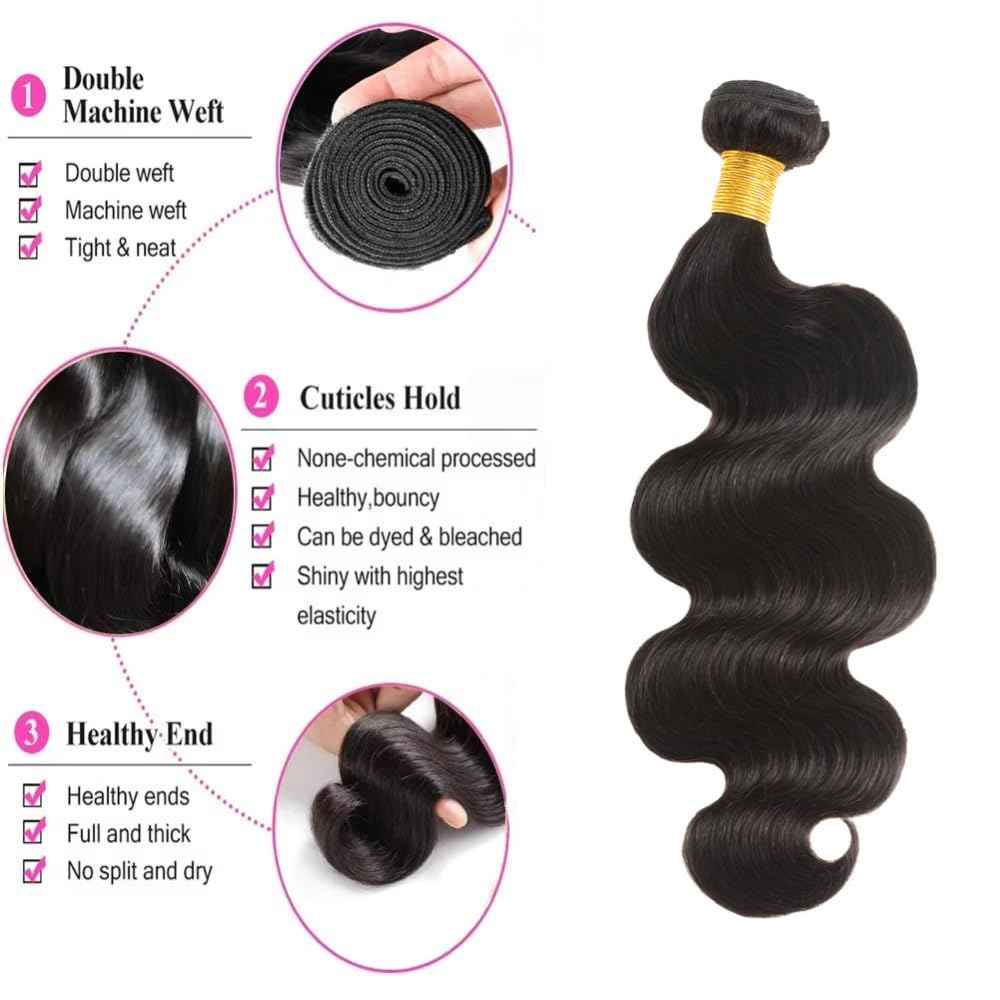 Huarisi 10A Brazilian Body Wave Human Hair Bundles, 24-26 Inch, 100% Unprocessed Virgin, 2 Bundles for Women, Natural Black, Sew-In Installation