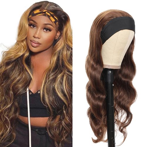 YiweYowe 34 Inch P427 Blonde Headband Wig Human Hair 150% Density Grade 8A Unprocessed Brazilian Virgin Hairs Machine Made Highlight Brown Body Wave Headband Wig Human Hair None Lace Front Wig