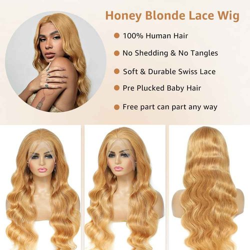 Saxio 13x4 Body Wave Honey Blonde HD Pre Plucked With Baby Hair 200% Density Lace Frontal Human Hair Wigs 27# Blonde Wig Human Hair 28 Inch