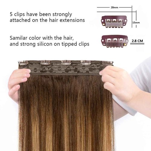 Winsky Hair Extensions Real Human Hair - One Piece Brown Balayage Remy Hair Extensions Clip on 90gram for Women (20inch, #4T27P4)