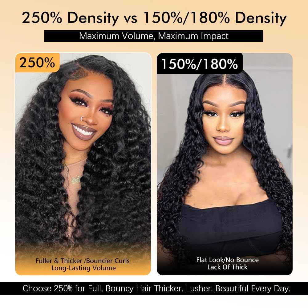 Goulus 7x6 Deep Wave Glueless Wigs Human Hair Pre Plucked Pre Cut 250% Density Drawstring Wig Human Hair Wear and Go Glueless Wigs for Black Women Natural Color #1B 16 Inch
