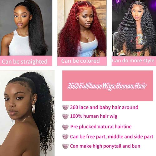 Hidden Strap 360 Lace Front Wigs Human Hair Glueless 360 Full Lace Deep Wave Curly Human Hair Wig with invisible Drawstring Wet and Wavy Lace Frontal Wigs for Black Women Natural Hairline 24 Inch