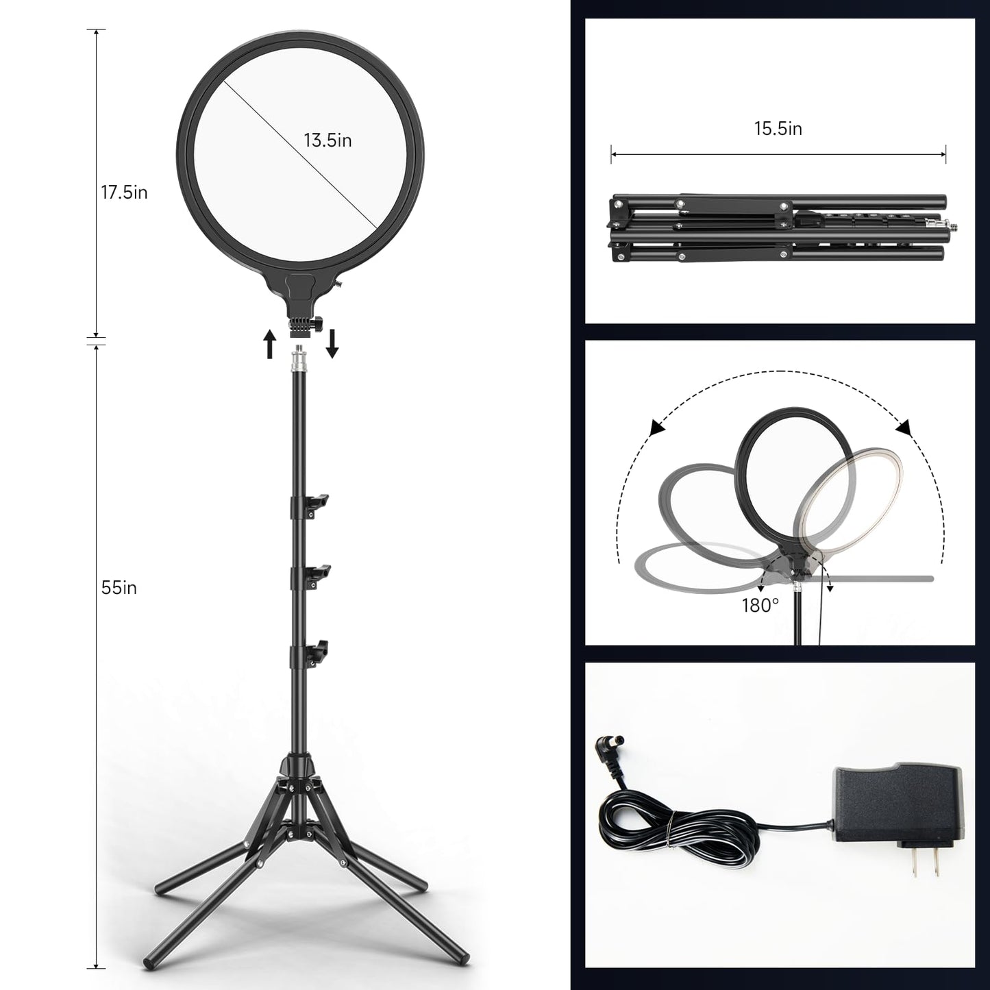 13.5 Inch Full Screen Ring Light with 55 Inch Adjustable Tripod Stand, LED Selfie Ring Light for Video Recording, Facial Makeup, Live Streaming, Compatible with Phones, Cameras Webcams