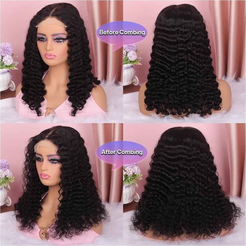 omswet Curly BOB Wig Human Hair 200 Density 5x5 HD Lace Closure Deep Wave Wigs for Black Women Glueless Wear and Go Pre Plucked Deep Wave Wet and Wavy Glueless Wigs Human Hair Natural Black 16 Inch
