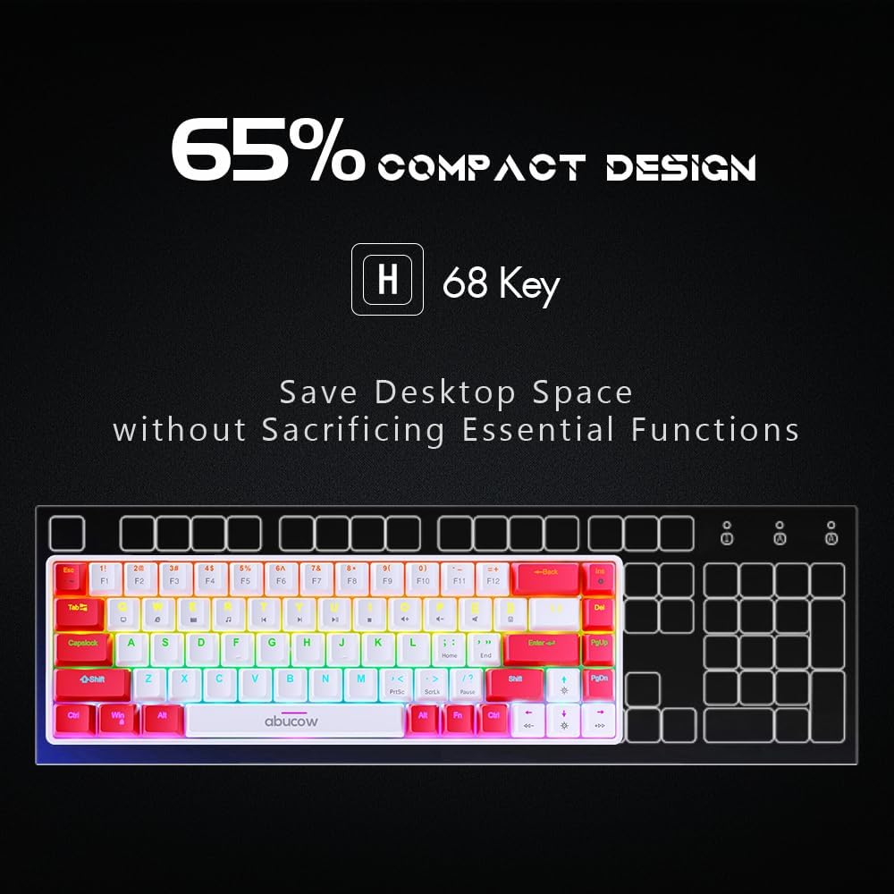 abucow 60% Mechanical Keyboard with Colorful Backlight 68-Key Gaming Keyboard White Red Keycaps - Red Switches for a Premium Typing and Gaming Experience PC Mac (White-Red)
