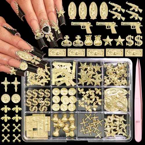BELICEY 120Pcs 3D Gold Nail Charms, 12Styles Alloy Dollar Gun Coin Nail Art Charms, Golden Punk Star Cross Virgin Mary Charms for Nails, Mix Nail Jewelry Rhinestones for Nails Design Manicure Crafts