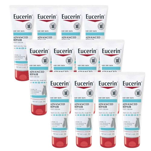 Eucerin Advanced Repair Foot Cream, Unscented Foot Cream for Dry Feet and Heels, 3 Oz Tube, Pack of 12