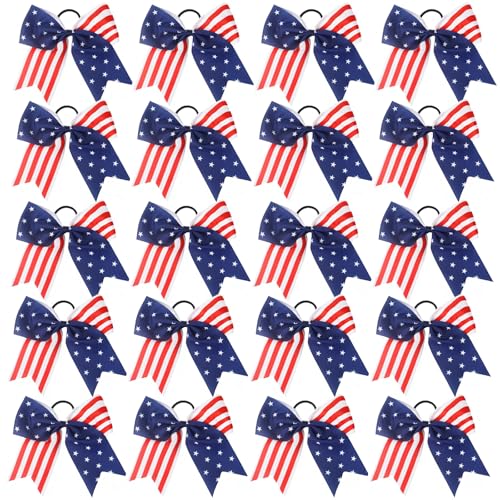 American USA Flag Cheer Bows for Girls,Red White and Blue Patriotic Flag Festival Hair Bow With Elastic Band Hair Accessories (Red 20pcs)