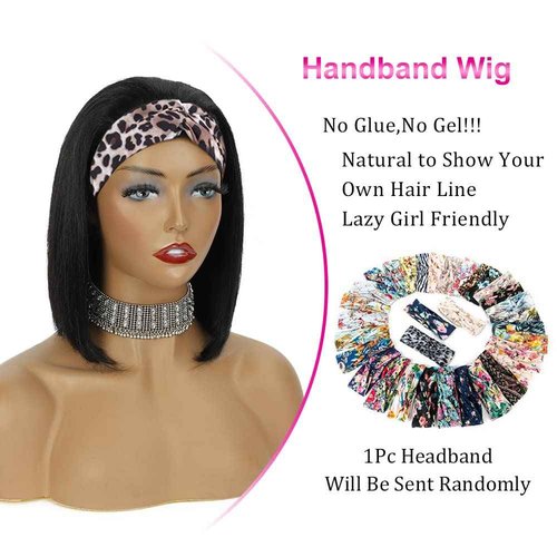 AISI Bob Headband Wig Human Hair Short Wigs for Black Women Straight 150% Density (16 Inch)