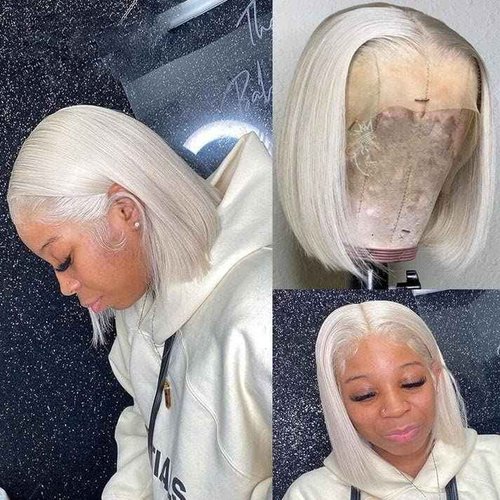 YiXing Platinum Blonde Bob Human Hair Wigs Ash White #60 13x4 Short Bob Human Hair Lace front Wigs HD Transparent Soft Lace Pre Plucked for Women 150% Density Silky Straight Natural Hairline 10Inch