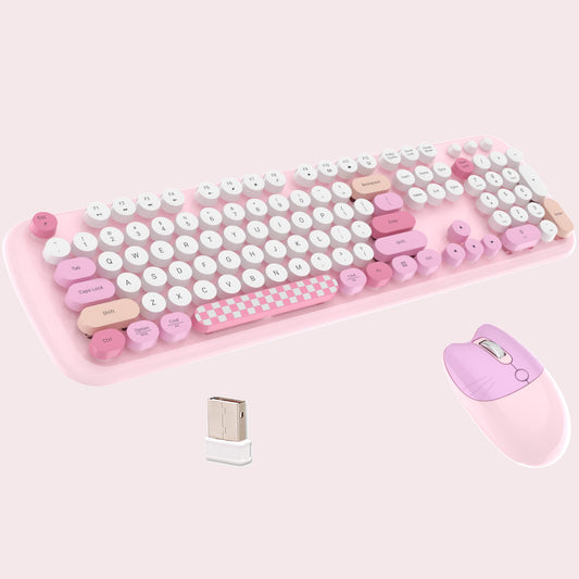 2.4G Full-Size Wireless Keyboard and Mouse Combo, Multi-Color Typewriter Style Round Keycap, Cute Candy Colors, Compatible with Notebook, PC (Pink)