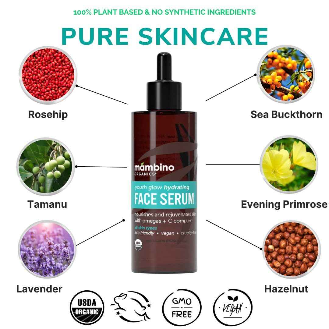 Mambino Organics Youth Glow Hydrating Serum, Vitamin C Face Serum with Marula, Rosehip Oil, Revitalizing Skin, Fades Dark Spots, Smooths Texture, Organic, Vegan, Skin Care, 1 fl oz, 3-Pack