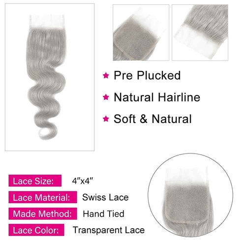 Brazilian Body Wave Human Hair Bundles with Closure (10 12 14+8Closure) Grey Human Hair 3 Bundles with Free Part Closure 100% Remy Human Hair Bundles with 4x4 Closure