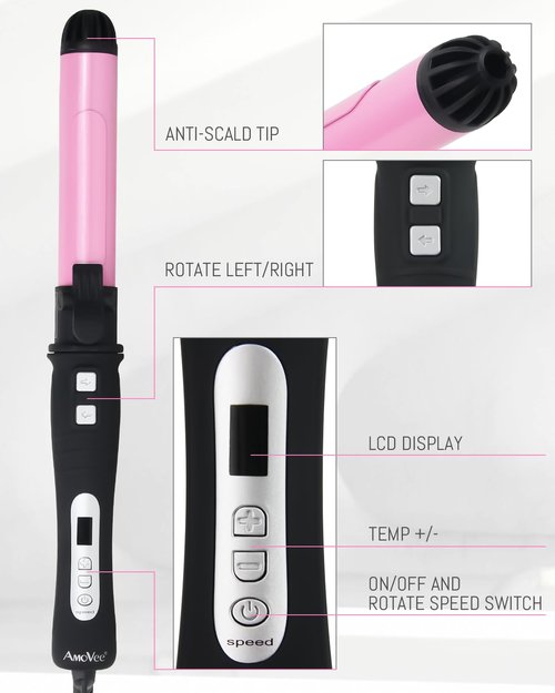 [Upgraded] AmoVee Rotating Curling Iron, 1.25 Inch Auto Ceramic Curling Iron, Adjustable Temps 180 °F to 410 °F, Dual Voltage, A Valentines Day Gifts for Her (Long Clip)