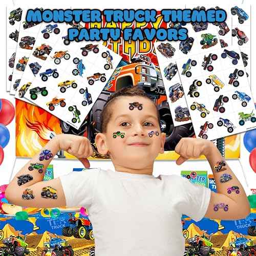 96 PCS Monster Truck Race Car Pre-Cut Temporary Tattoos for Kids | Super Cute Themed Birthday Party Favors, Supplies, Decorations, Fake Tattoo Stickers, Rewards & Gifts for Boys Girls
