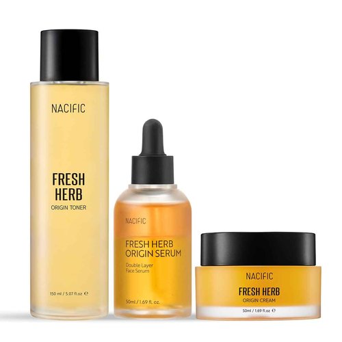 NACIFIC Fresh Herb Origin Triple Set (Toner 150ml, Serum 50ml, Cream 50ml) 82% PotMarigold Flower Water, Moisturizing, Niacinamide, Pore, Sepicalm, Orange