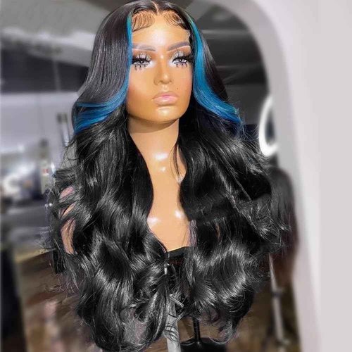 JYZ Skunk Stripe Wig Human Hair Dark HD Blue Lace Front Wig Human Hair Wavy 13X4 Blue Colored Wigs 200% Density Pre Plucked with Baby Hair 18inch Middle Part