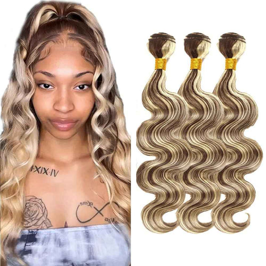 Giginger P4/613 Chocolate Brown Blonde Body Wave Human Hair Bundles 22 24 26 Inch Highlight Body Wave Bundles Weave Bundles Human Hair 4/613 Human Hair Bundles