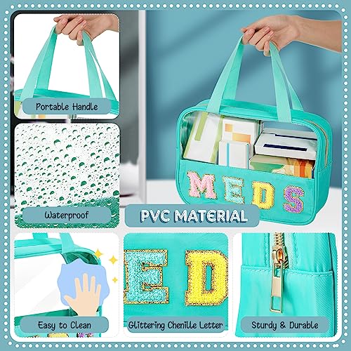 Geetery Chenille Letter Bag, Preppy PVC Nylon Makeup Portable Cases Preppy Patch with Zipper Cosmetic Clear Travel Toiletry Storage Bag for Women(Green,Novel Meds)