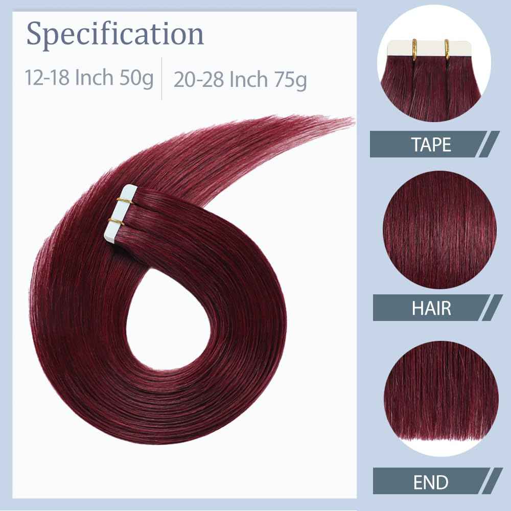 #99J Burgundy Tape in Extensions Human Hair 28 Inch Red Straight Tape in Seamless Extensions Real Human Hair Skin Weft Seamless Invisible Unprocessed Virgin Remy Hair 50g 20 Pcs