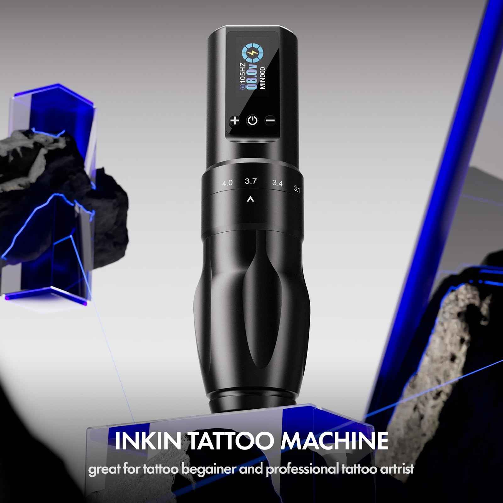 INKin Tattoo Kit for Beginners Complete Set, Wireless Tattoo Machine with 2.0mm-4.0mm Adjustable Stroke Length and 1600mAh Power Supply, 20Pcs Revo Tattoo Needles Assorted and 9Pcs Tattoo Inks