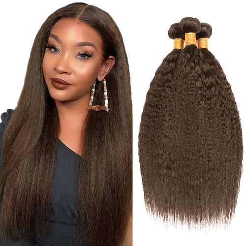 Color #4 Bundles Dark Brown Kinky Staright Human Hair Bundles Chocolate Brown Bundles Human Hair 3 Bundles 20 22 24 Inch Color #4 Yaki Straight Bundles