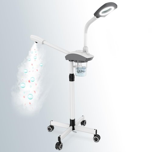 Professional Facial Steamer by Kingsteam - 2 in1 Face Steamer with 5X Magnifying Light Arm, Ozone Facial Steamer on Wheels, Nano Water Mist, High Volume Steam for Baber, Salon and Home use, White