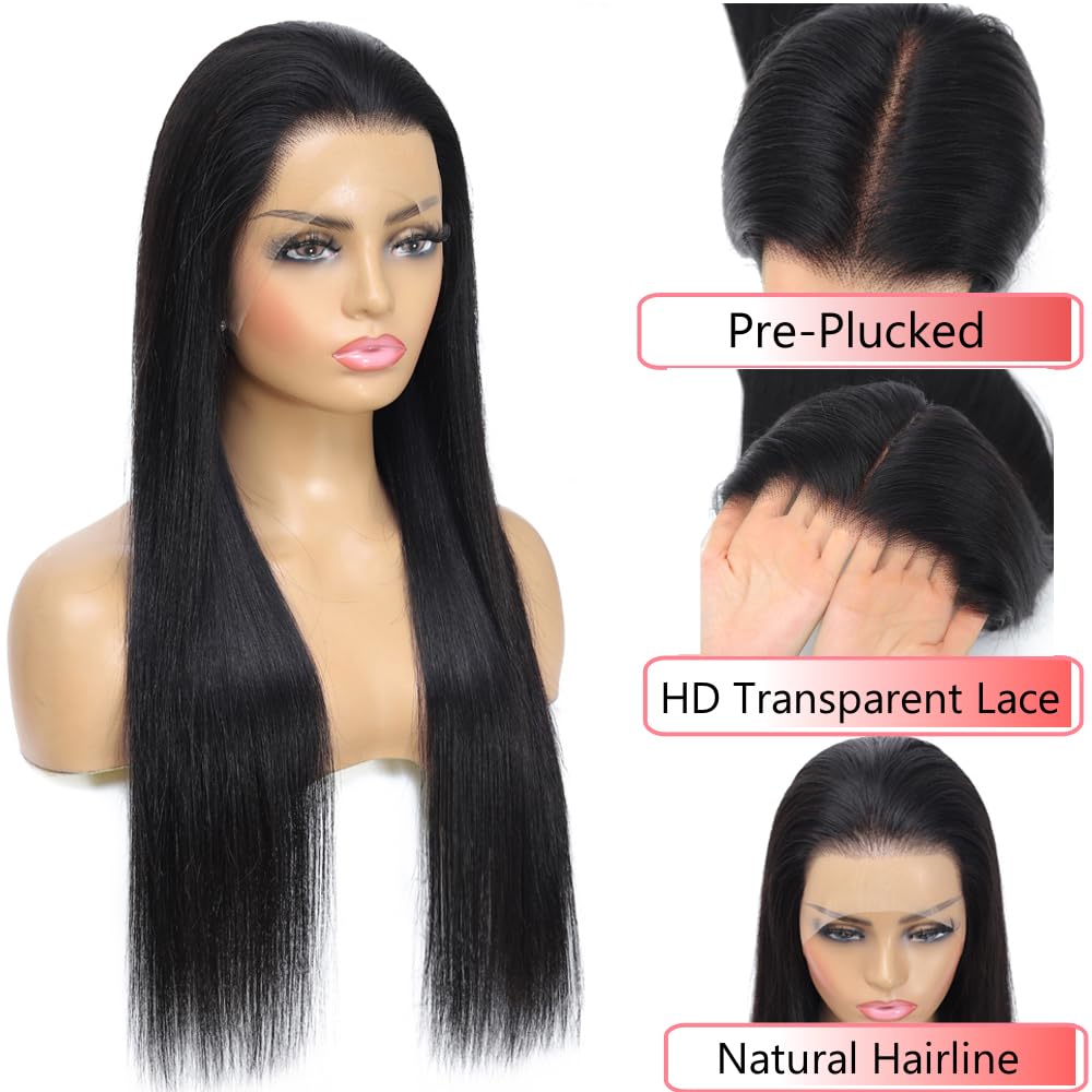 13x6 Lace Front Wigs Human Hair 250% Density Straight HD Transparent Lace Front Human Hair Wigs for Women 13x6 Straight Wigs Brazilian Wigs Human Hair Natural Color(straight wigs, 24 Inch)